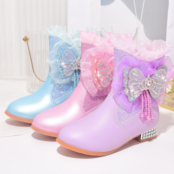 Aisha boots autumn and winter girls' high heels fleece-lined new children's short boots powder blue crystal boots warm cotton boots