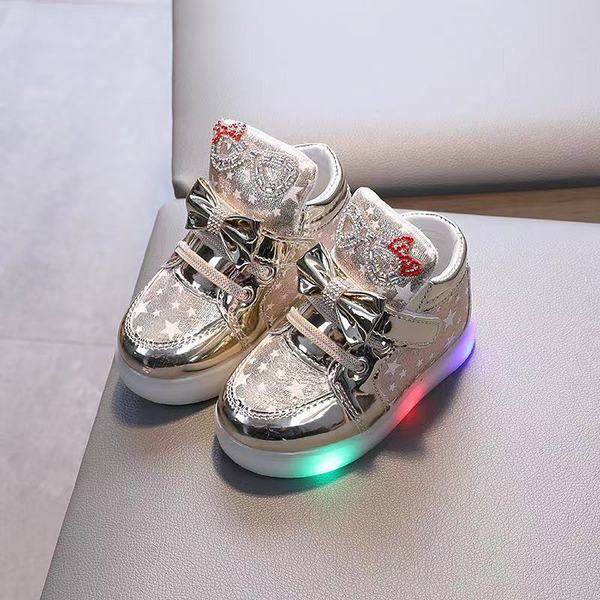 Children's 2025 Spring and Autumn New Style Bow Girls' Led Light up Small Leather Boots Bright Diamond Sports Shoes Casual and Easiest for Match