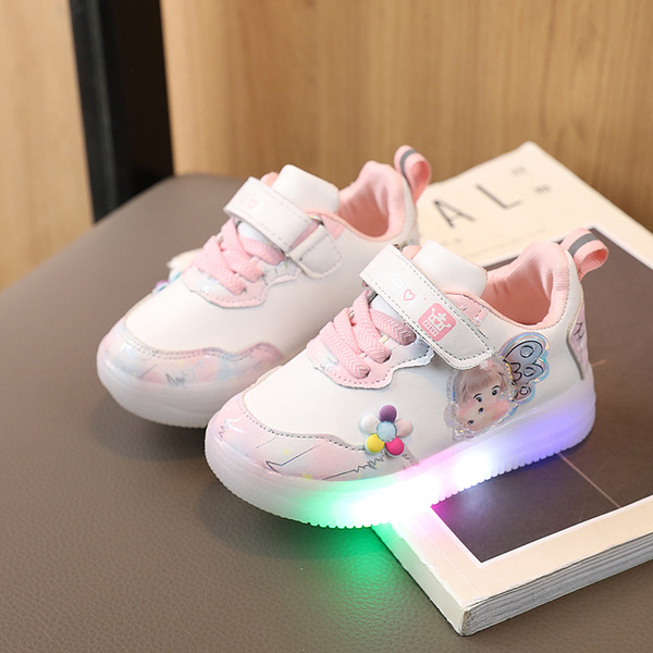 Light-up 2024 Spring and Autumn New Children's Casual Board Shoes Girls LED Princess Sports Leather Baby Toddler Shoes