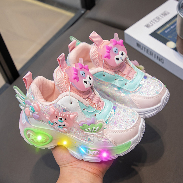Girls' cartoon rotating button sneaker 2024 autumn new children's soft bottom kulomi bright lights torre shoes wholesale